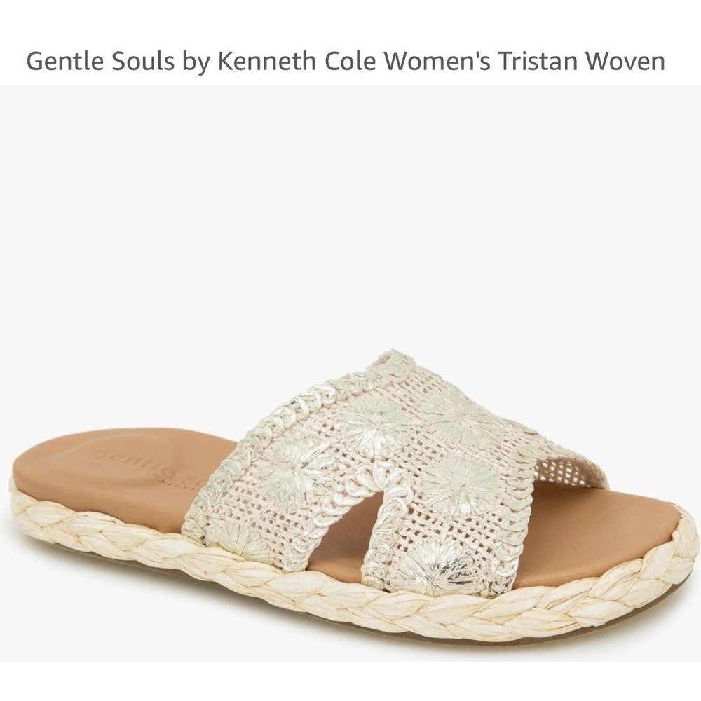 Gentle Souls Kenneth Cole Tristan Woven Flat Sandals Ice Metallic Jute Size‎ 5